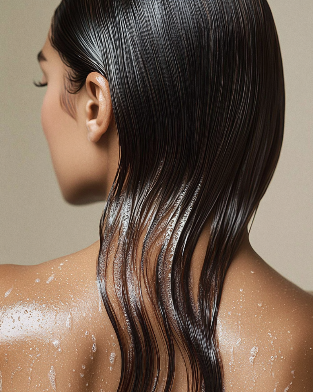 Close-up of wet, shiny hair and shoulder of person showing hydration benefits of artisan soap for skin and hair care