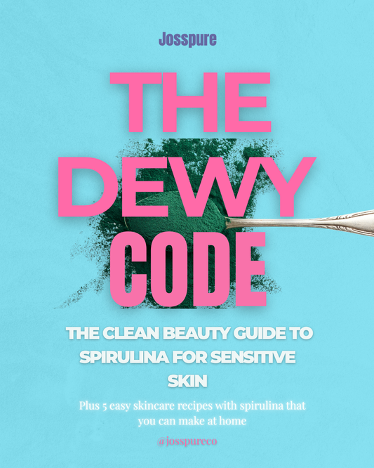 Cover of The Dewy Code spirulina free guide with pink text and spirulina powder on blue background