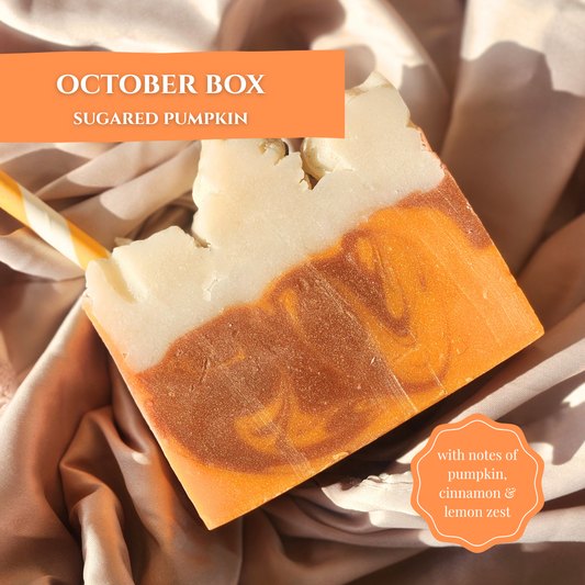 Sugared pumpkin soap from the October box in a soap subscription box featuring warm autumn colors