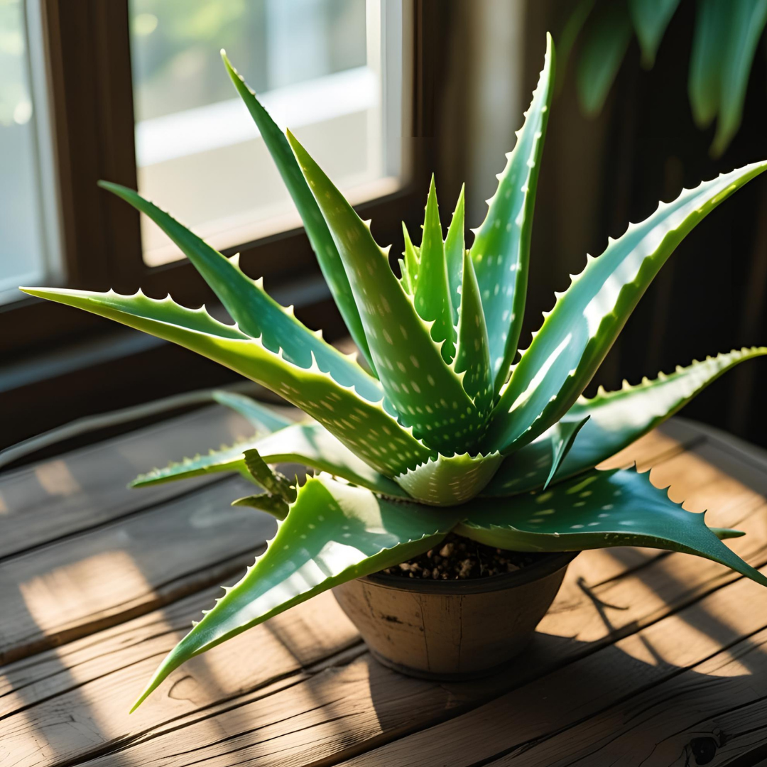 Fresh aloe vera plant in a pot by a sunlit window demonstrating aloe vera for acne prone skin benefits