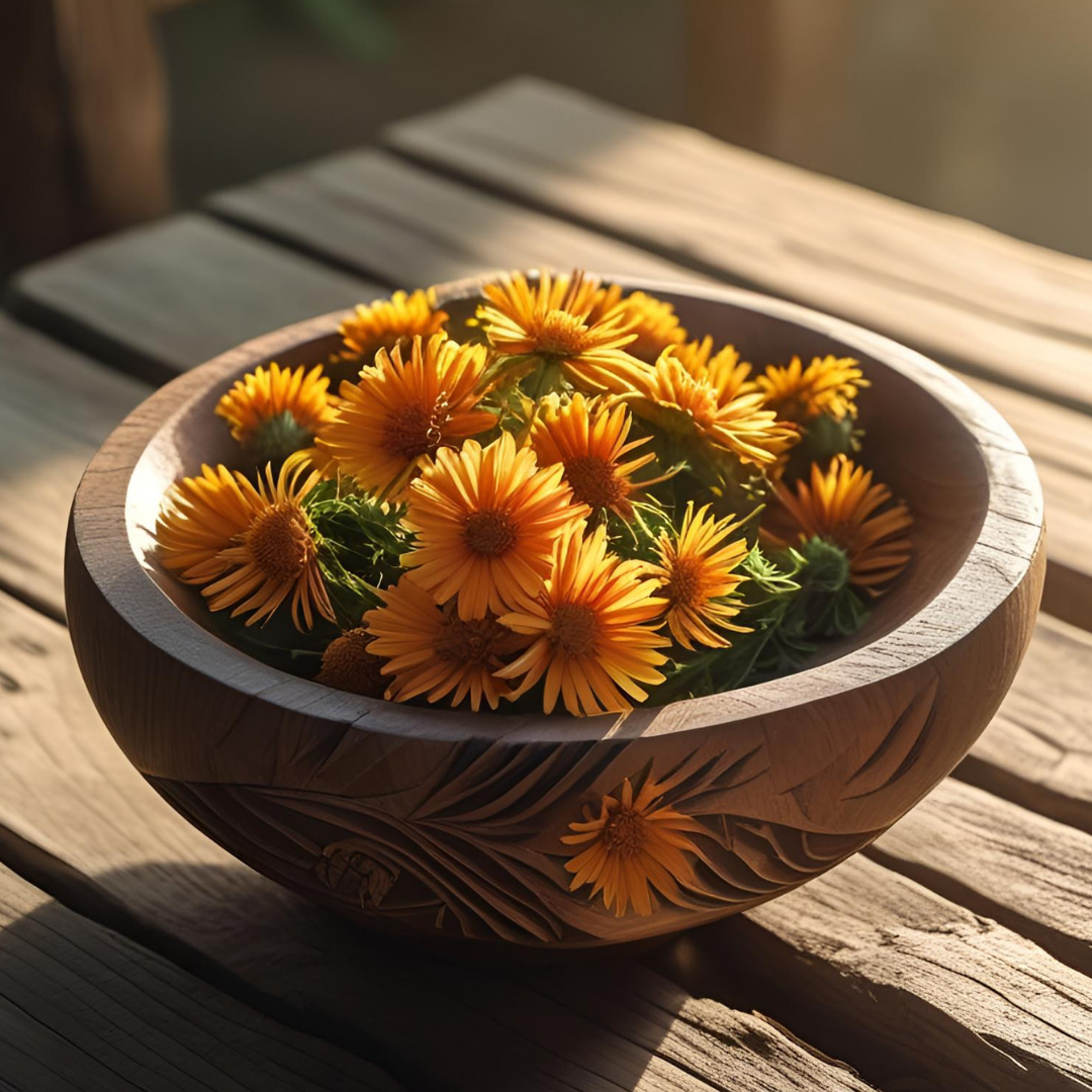 Fresh calendula flowers in a carved wooden bowl symbolizing calendula for acne prone skin benefits