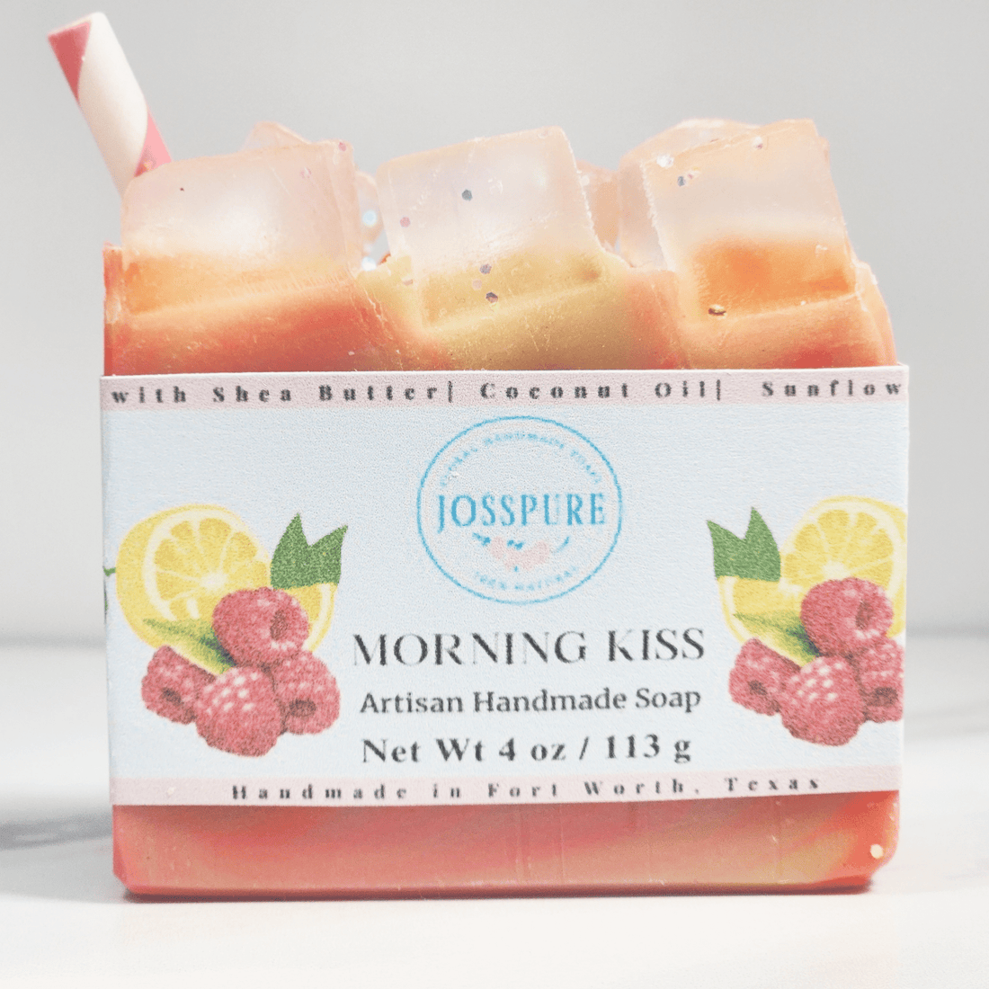 Husband vs wife soap challenge raspberry lemonade soap artisan handmade Morning Kiss bar with raspberries and lemon graphics