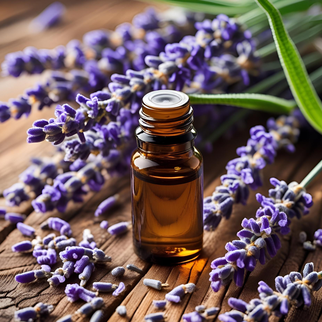 Amber bottle of lavender oil surrounded by fresh lavender lil for acne prone skin on wooden surface