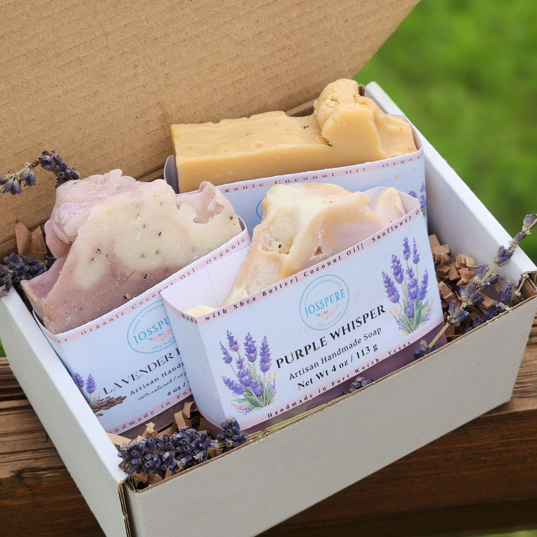Lavender soap bundle featured in paper city magazine dallas with three artisan handmade lavender soaps in a gift box