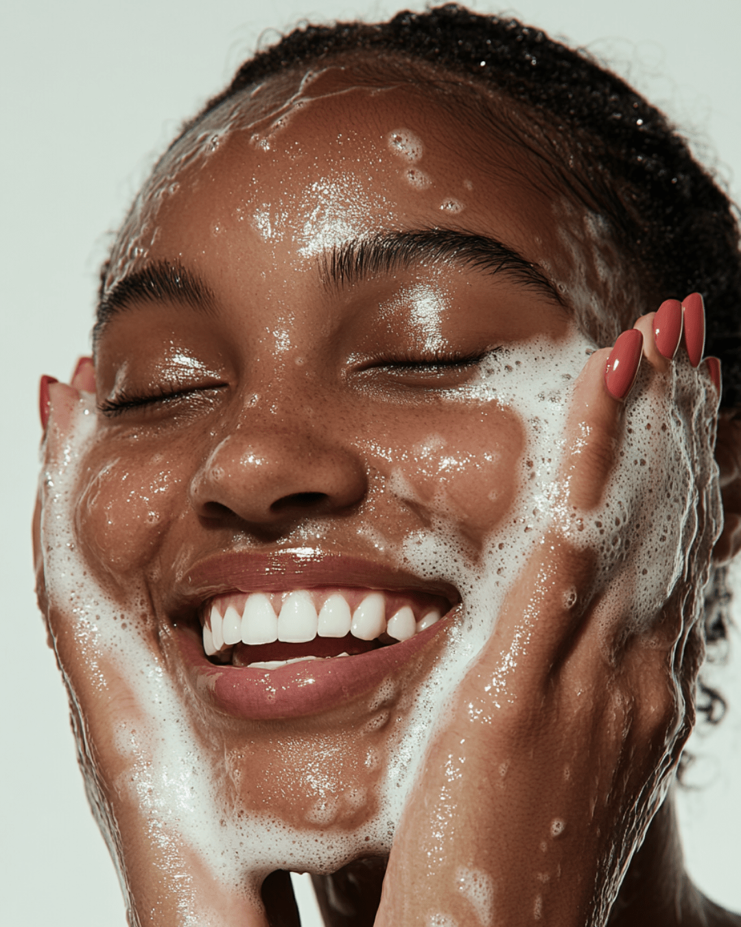 Happy woman washing face with foam showcasing skincare gift sets to shop holiday gift sets in dfw