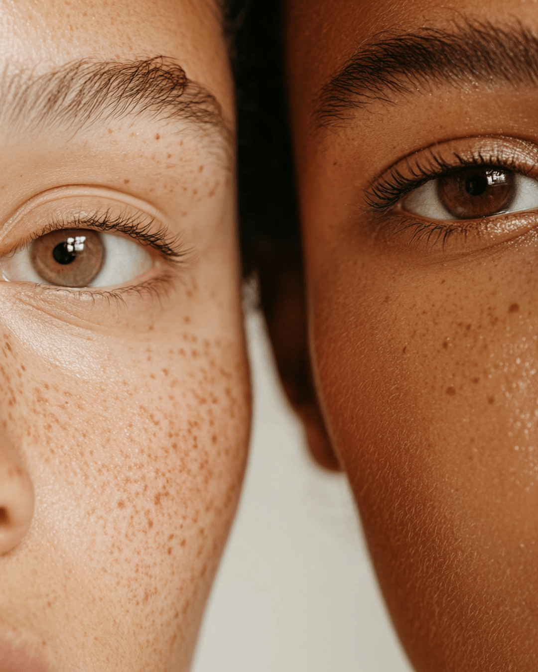 Close-up of two diverse faces with clear skin promoting the benefits of tallow for eczema skincare