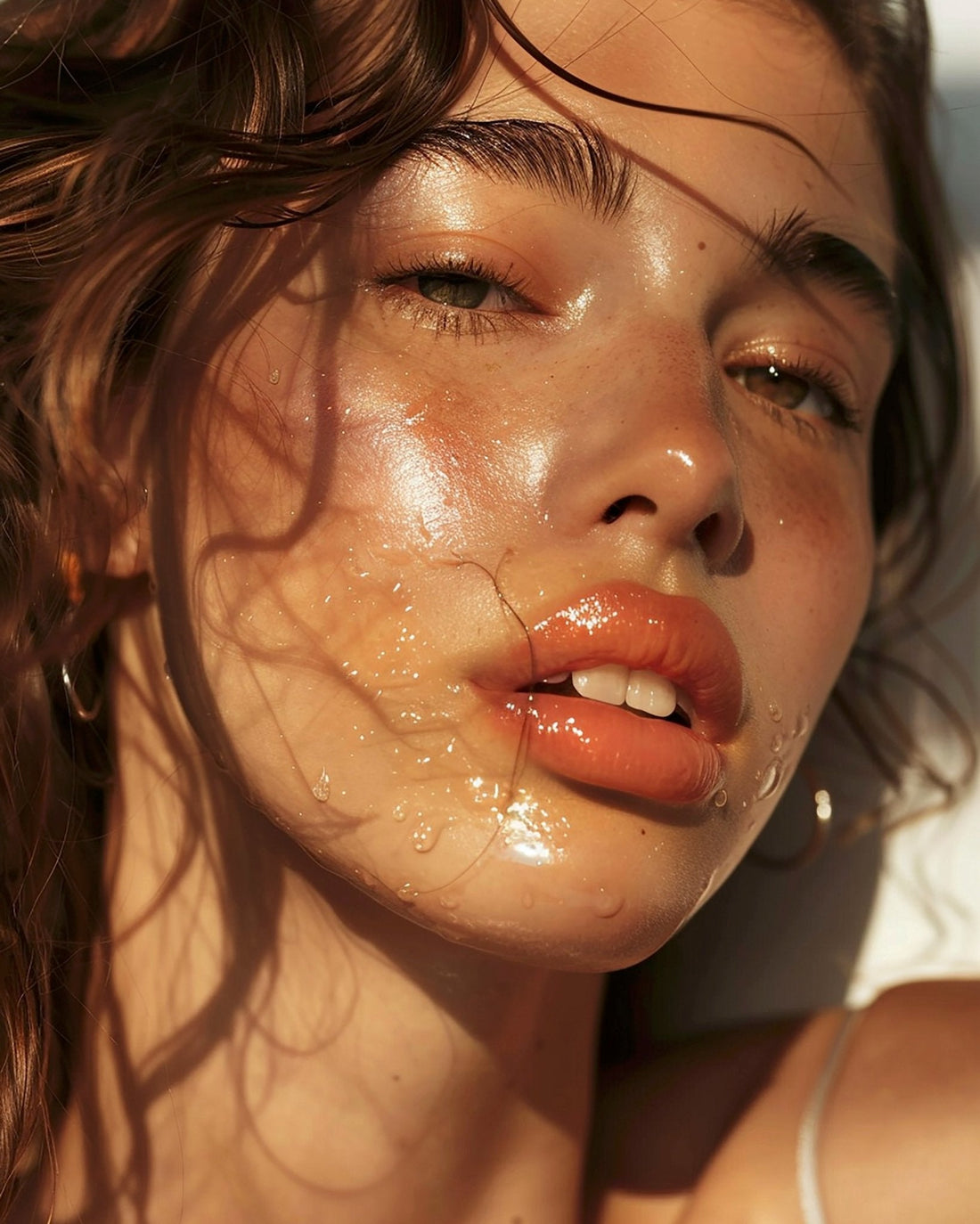 Close-up of a woman with dewy skin highlighting the benefits of calming chamomile for skin