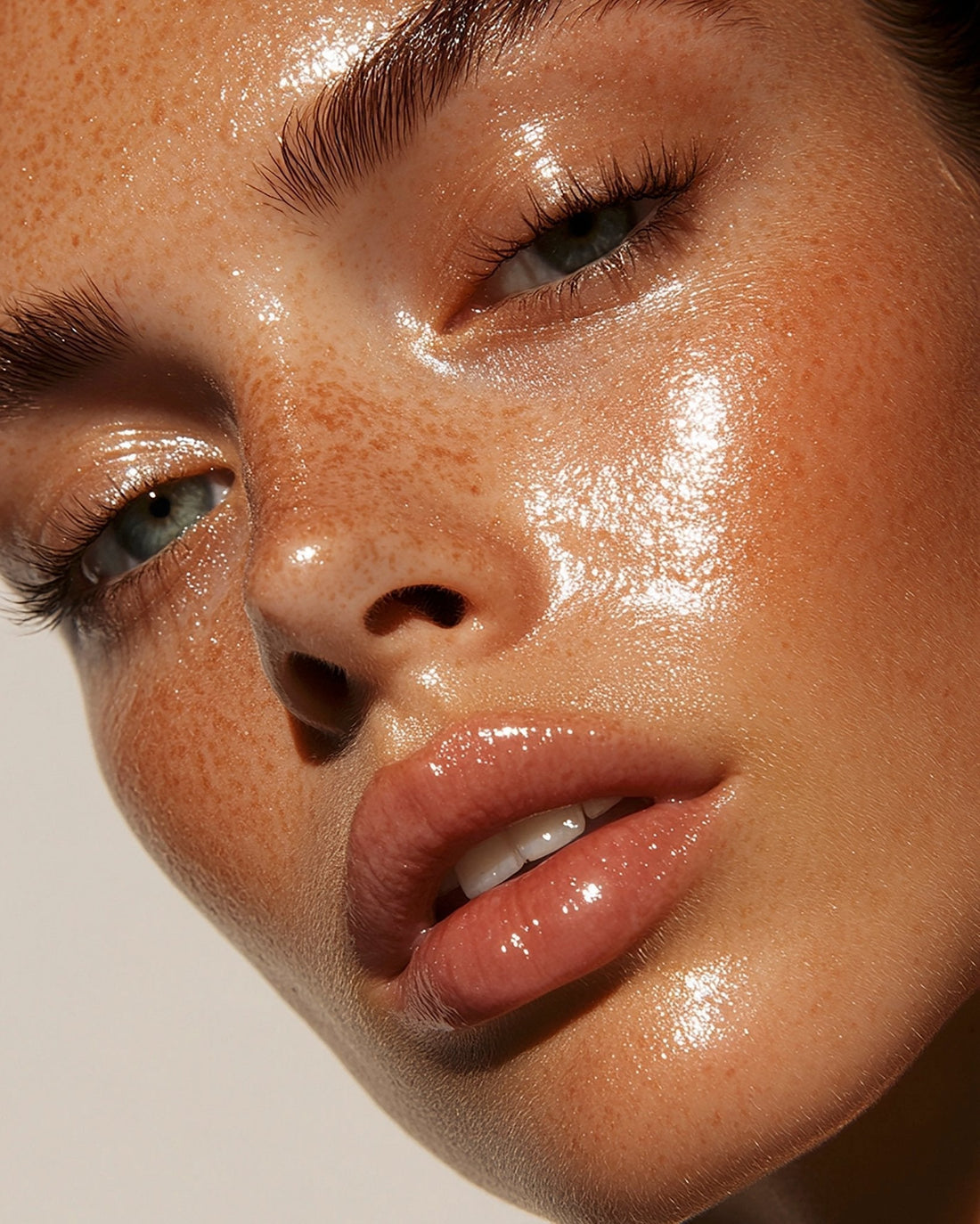 Close-up of glowing skin with moisturizing effects of soothing shea butter on a woman's face