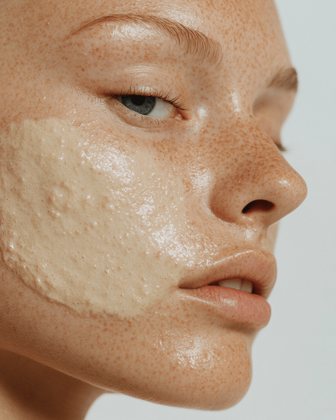 Close-up of a woman applying sustainable natural skincare for dry skin with a creamy moisturizer on her face