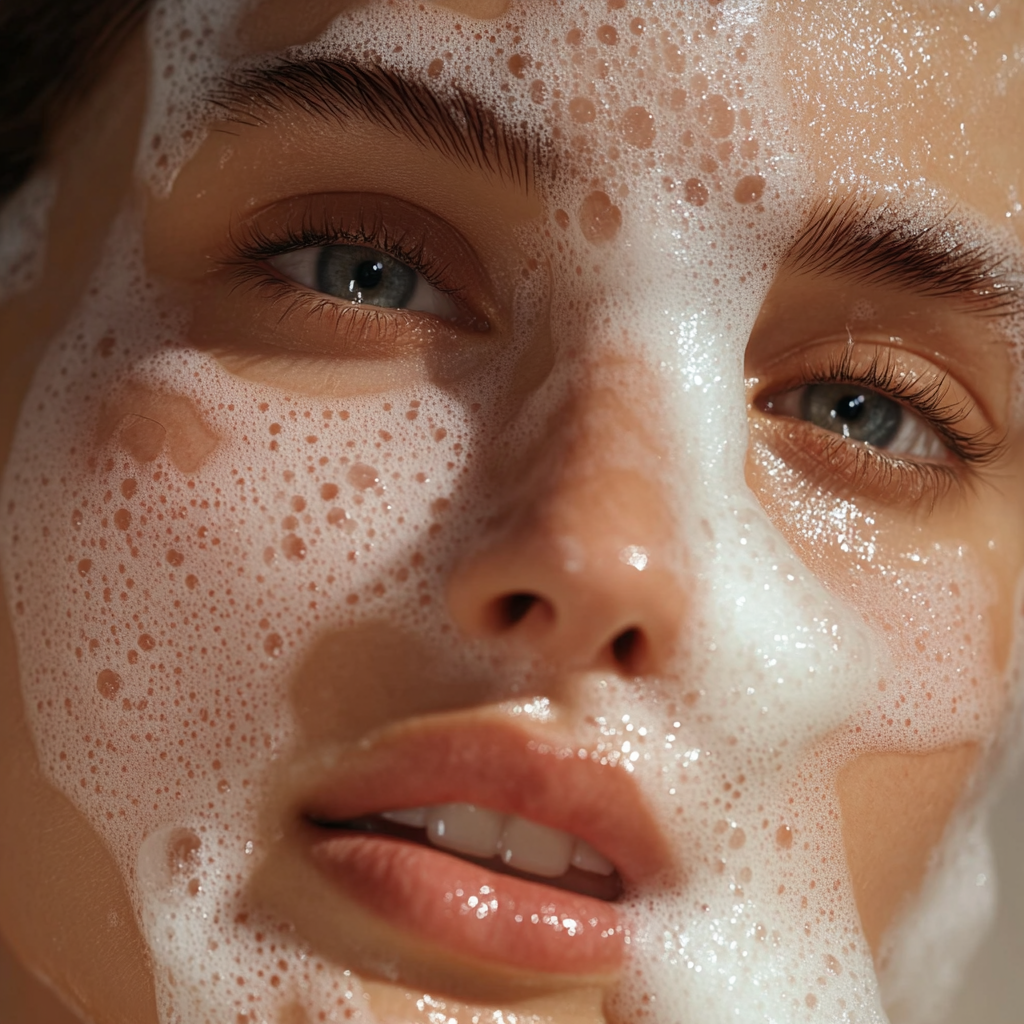Close-up of a face covered in soap foam illustrating artisan soap labeling laws and cleanliness