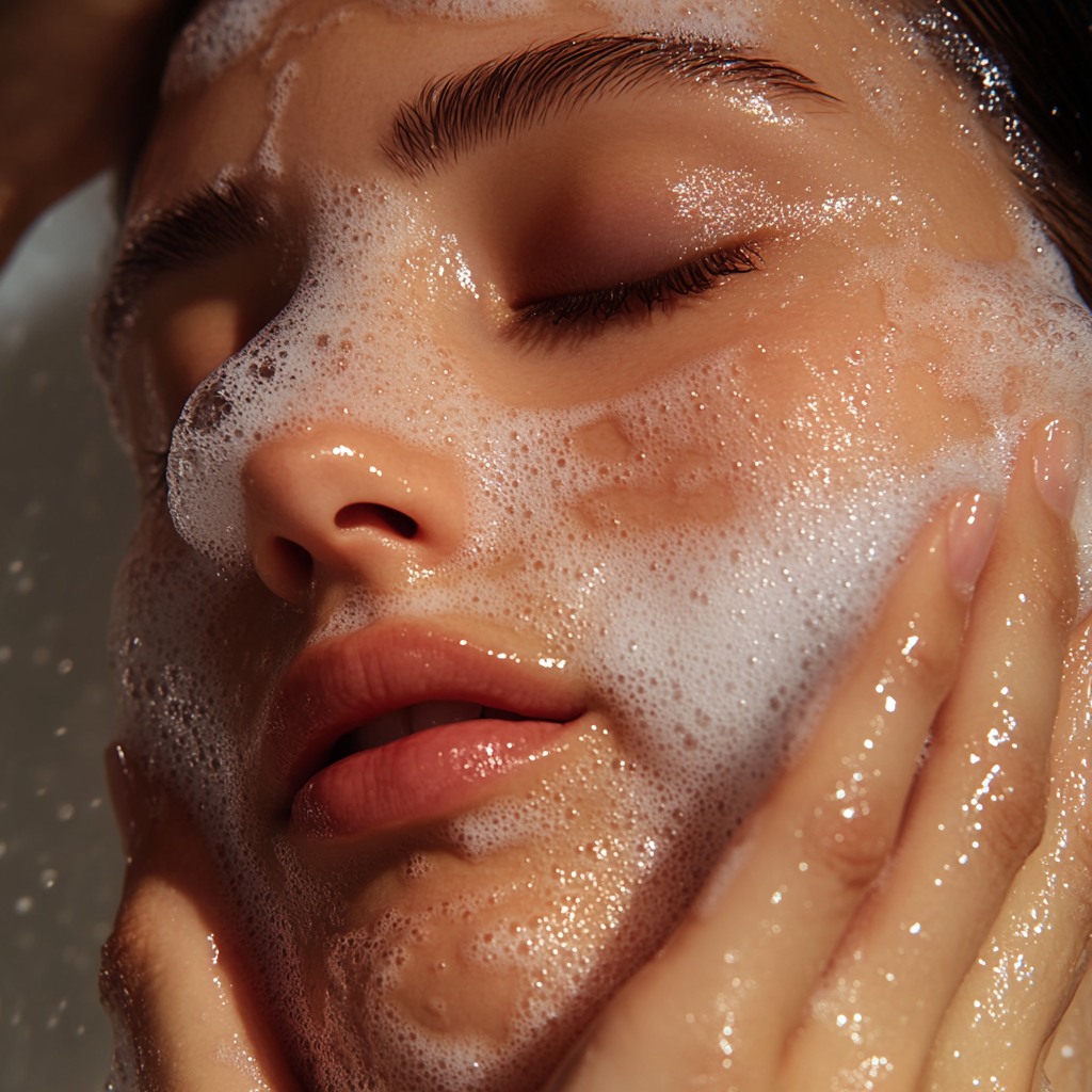 Close-up of a woman with eyes closed enjoying a foamy cleanse while shopping artisan soap online