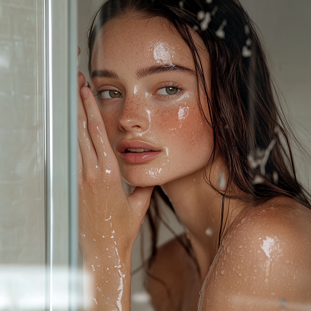 Close-up of woman with glowing skin after using artisan soap bars in shower for natural skincare