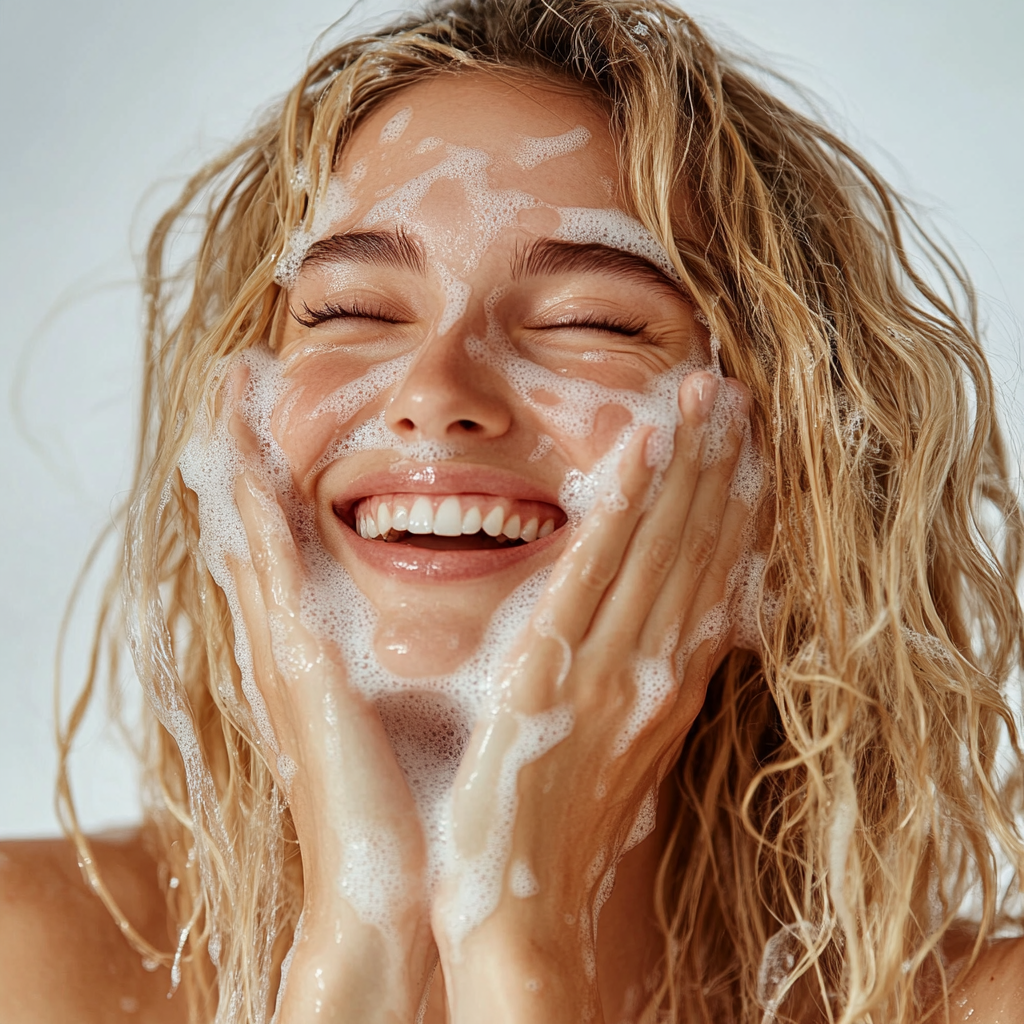 Woman washing face with foam from best selling artisan soaps for dry sensitive skin