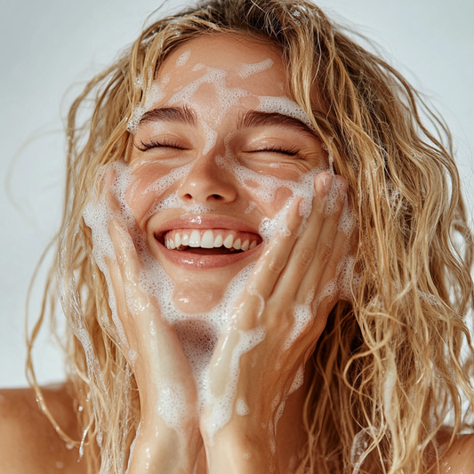 Woman washing face with foam from best selling artisan soaps for dry sensitive skin
