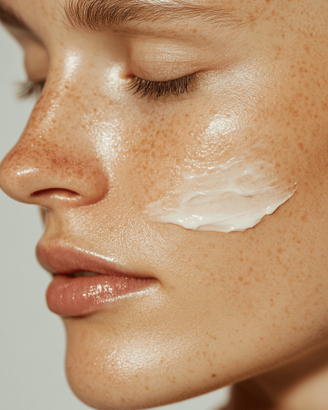 Close-up of woman with glowing skin applying cream promoting grass fed tallow in skincare benefits
