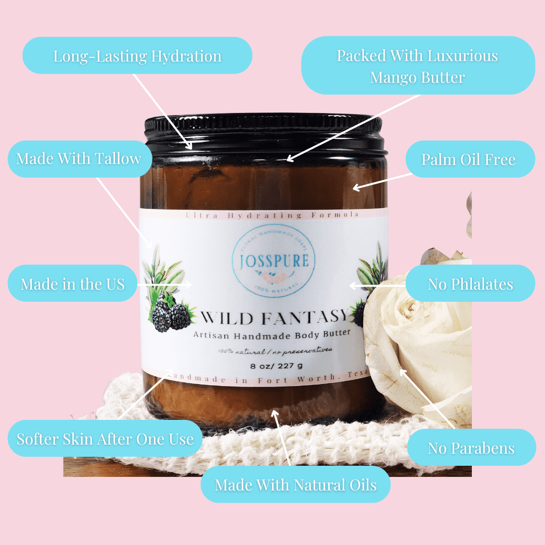 JOSSPURE Blackberry sage mango butter whipped body butter in brown jar with natural ingredients and hydrating benefits