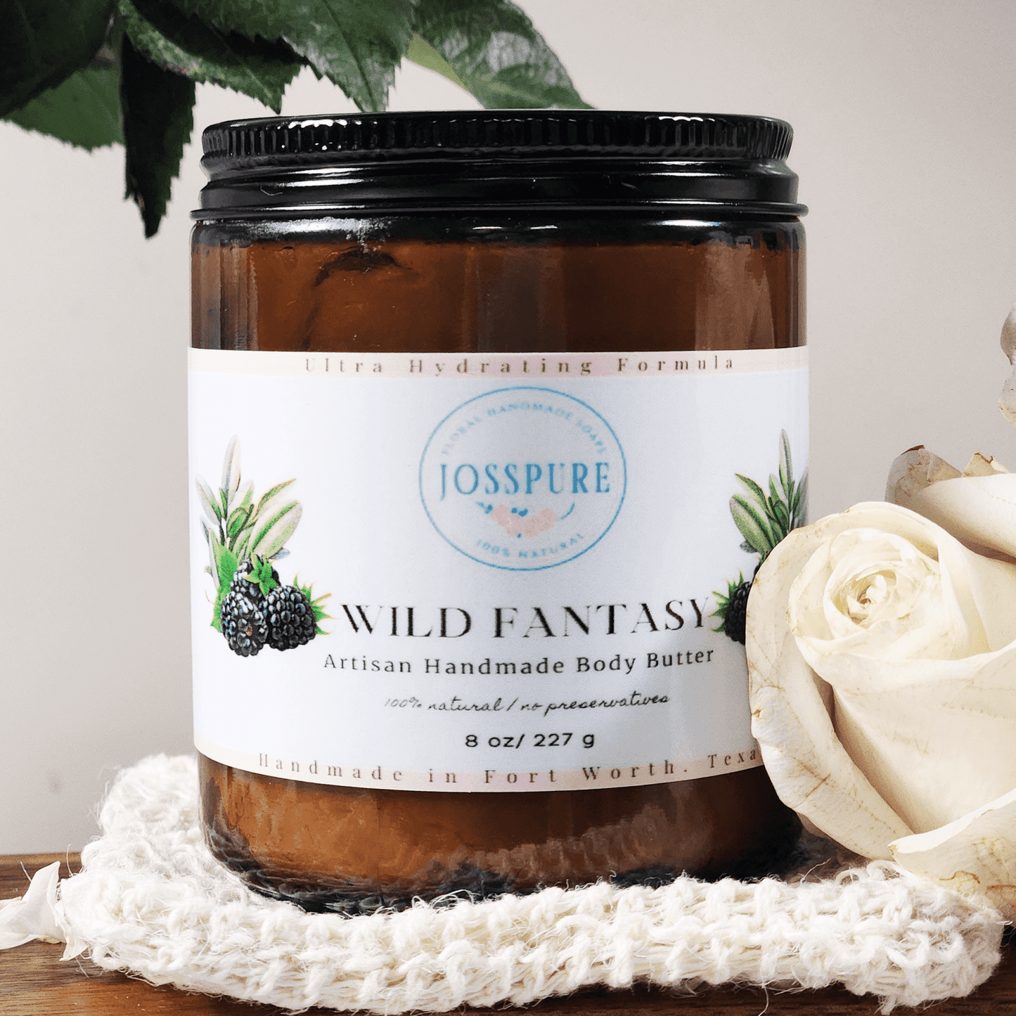 JOSSPURE Blackberry sage mango butter whipped body butter in amber jar with white label and blackberries