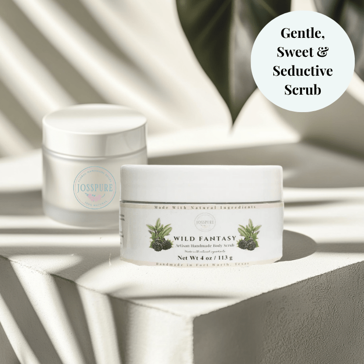JOSSPURE blackberry sage sugar scrub in white jar with natural ingredients label and soft shadows