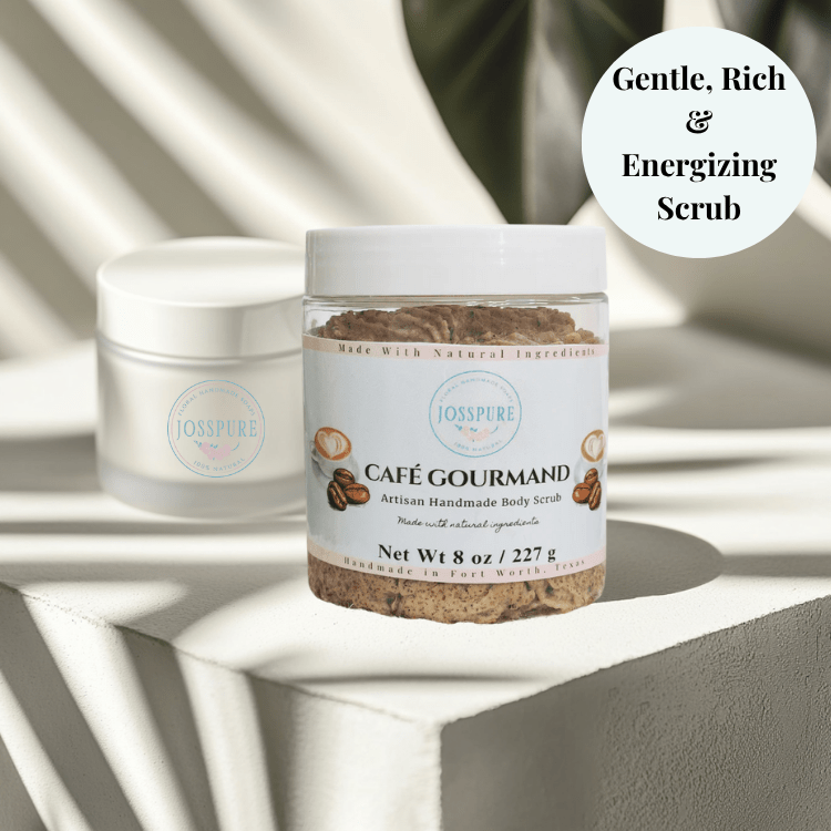 JOSSPURE coffee body sugar scrub in an 8 oz jar with natural ingredients and gentle exfoliating formula