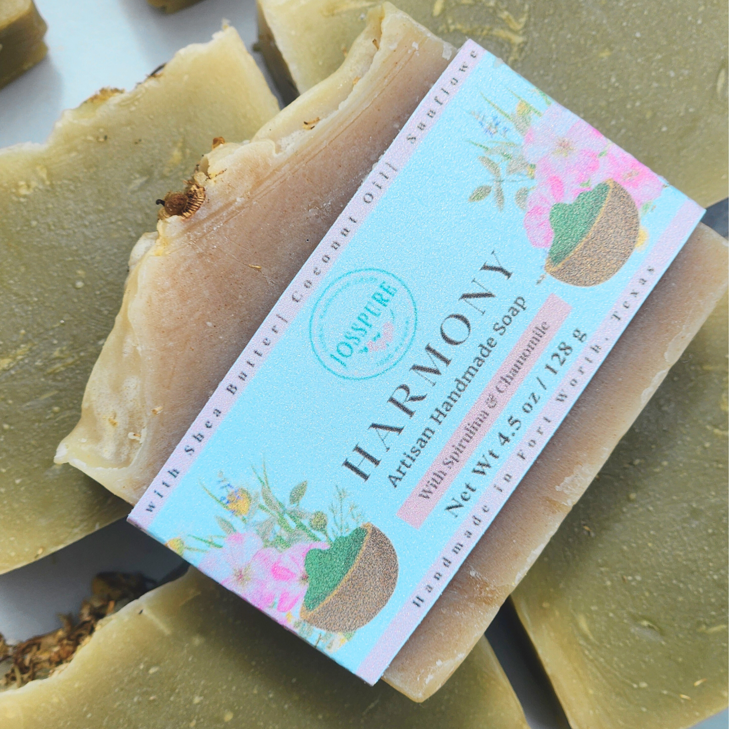 Green All Natural Soap Harmony Artisan Handmade Soap bar with floral label by JOSSPURE