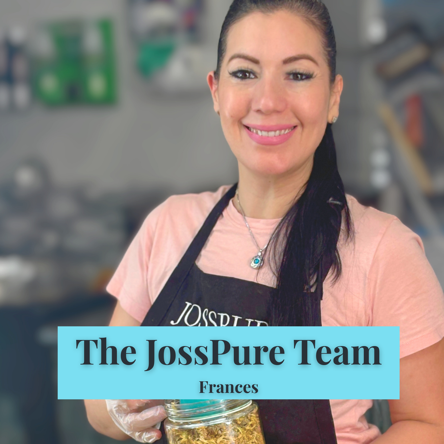 Frances from JOSSPURE team holding natural ingredients for Green All Natural Soap making