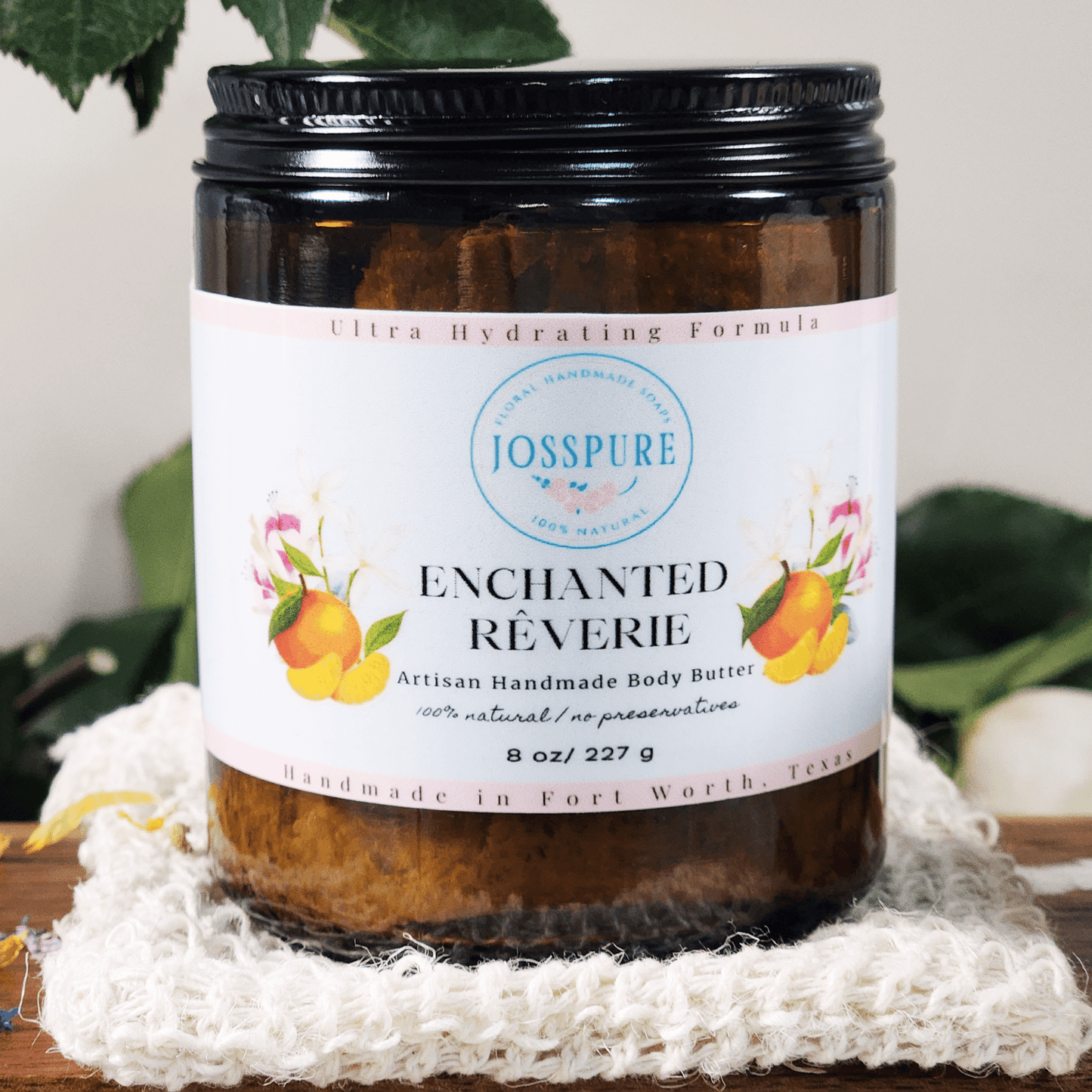 JOSSPURE Enchanted Reverie artisan handmade jasmine gardenia mango butter whipped body butter in amber jar