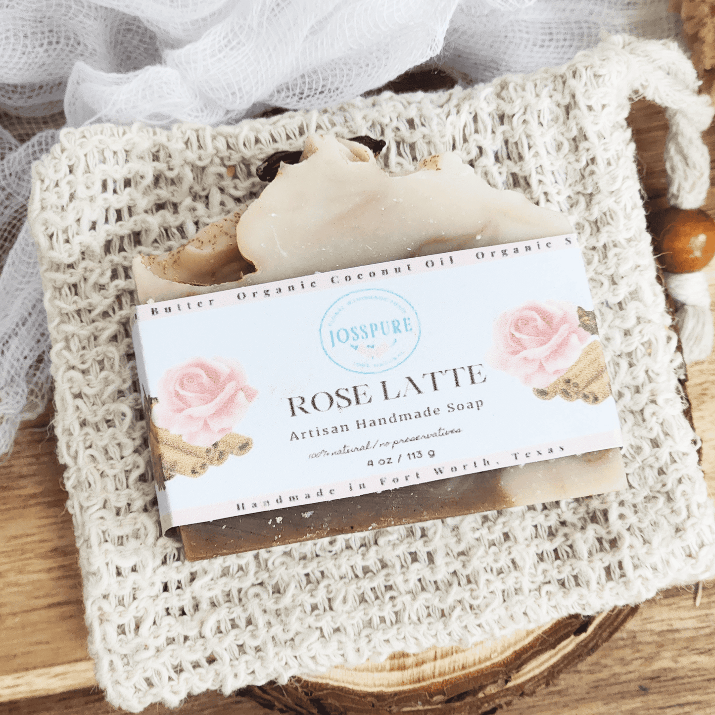 JOSSPURE chai latte mild shea butter soap Rose Latte artisan handmade soap on a woven pouch