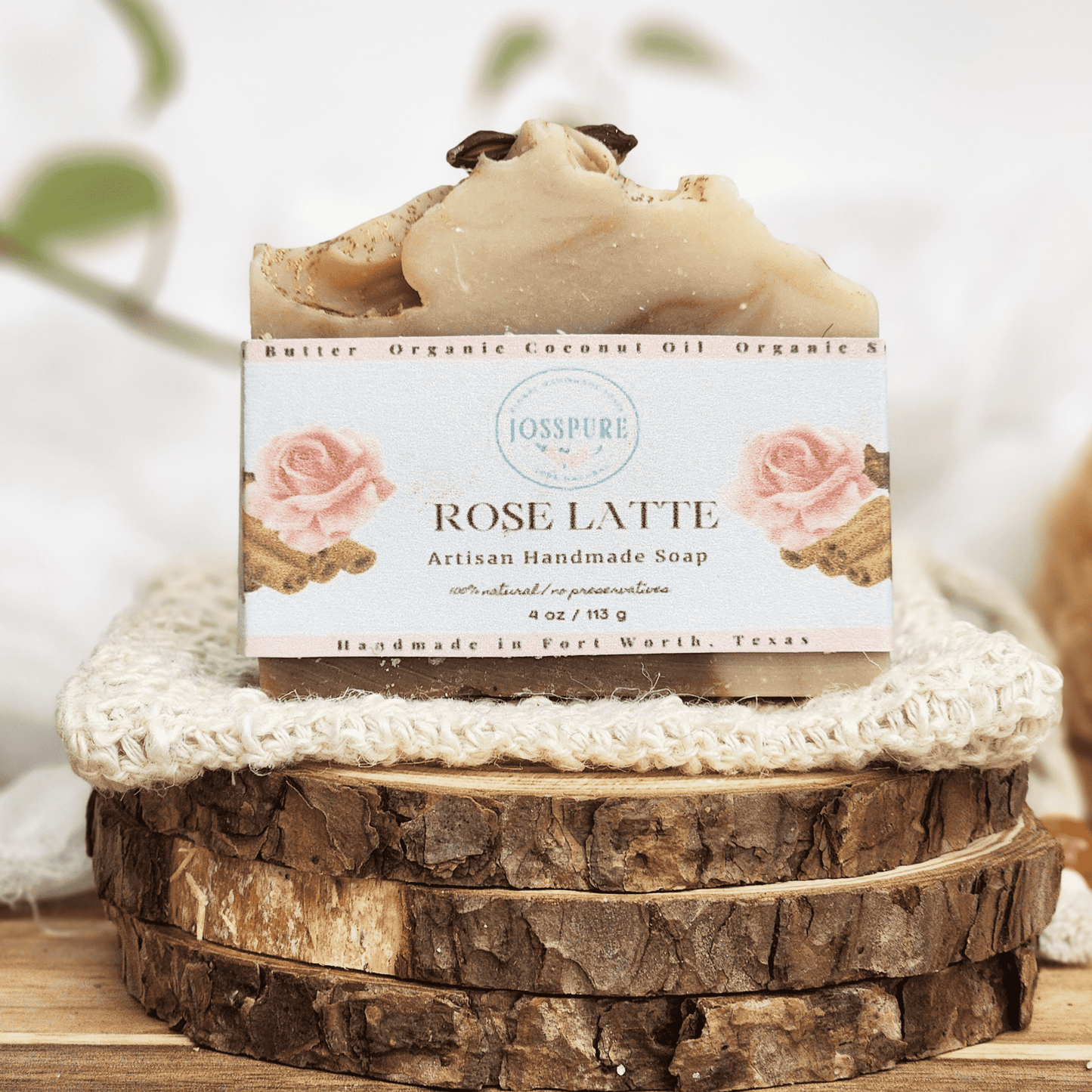 JOSSPURE handmade chai latte mild shea butter soap with rose and cinnamon on rustic wooden display