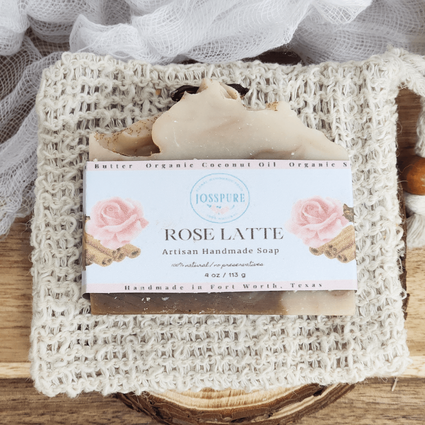 JOSSPURE chai latte mild shea butter soap handmade artisan bar with natural ingredients on a woven cloth