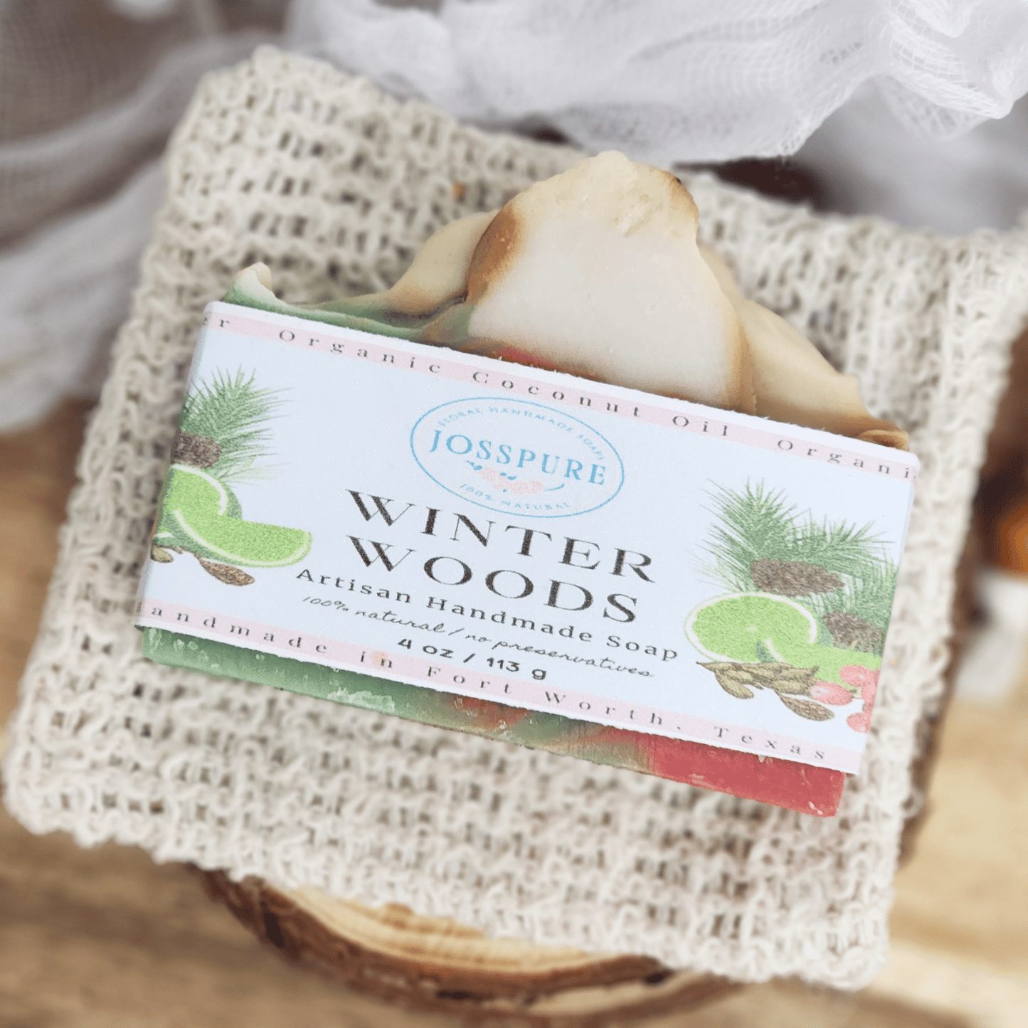 Christmas mild shea butter soap Winter Woods by Josspure with natural ingredients and festive packaging