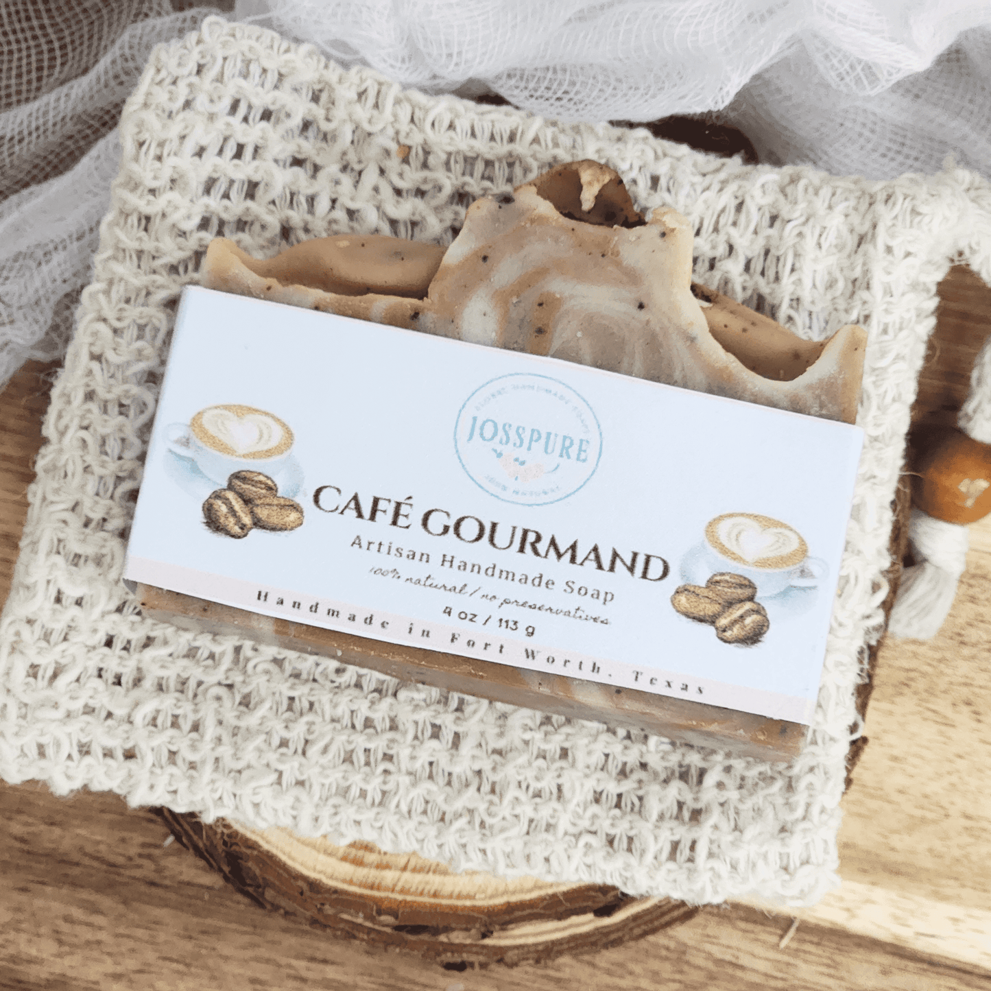 JOSSPURE Coffee Exfoliating Shea Butter Soap bar with coffee bean and latte design on label