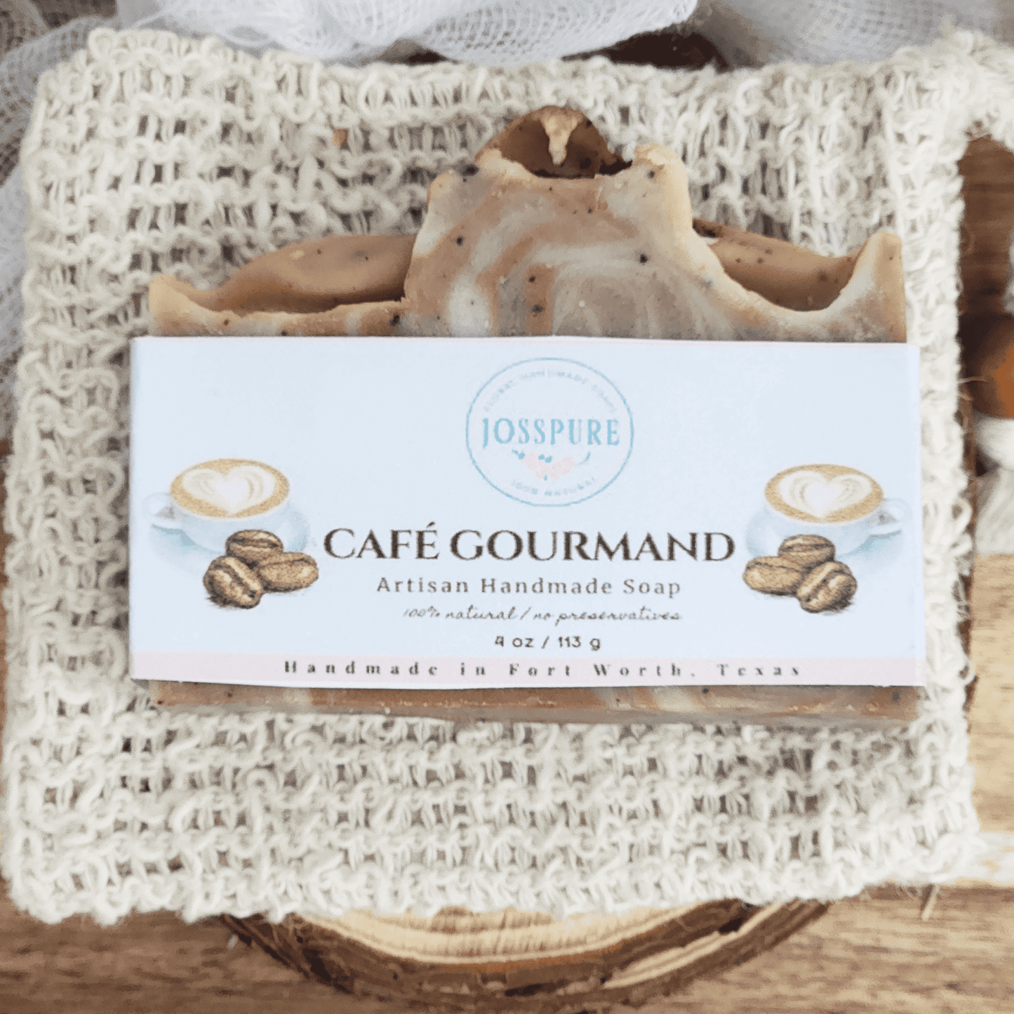 JOSSPURE Coffee Exfoliating Shea Butter Soap handmade artisan bar with coffee bean design on natural textured cloth