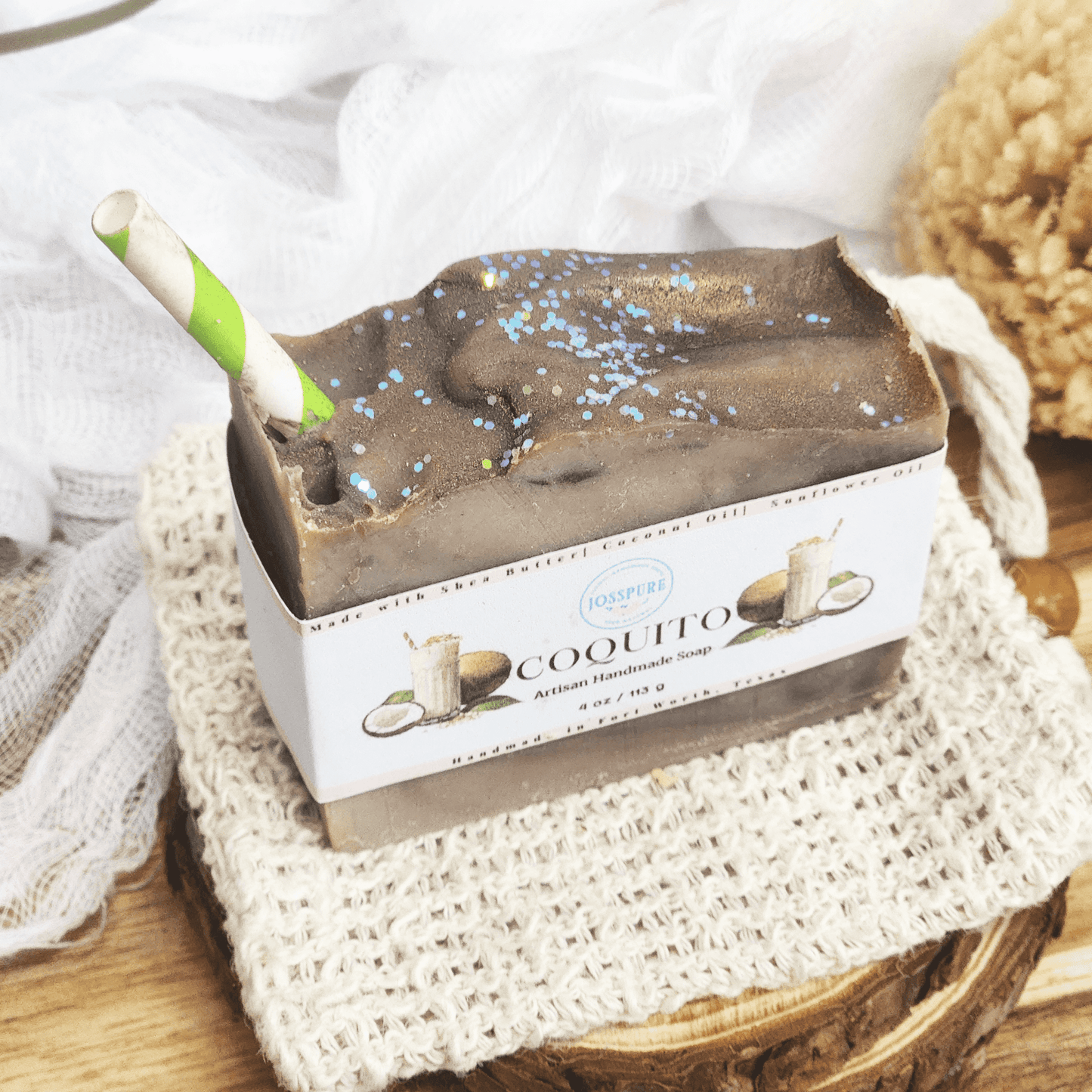 JOSSPURE Coquito Mild shea butter soap handmade natural soap with blue sprinkles and green striped straw