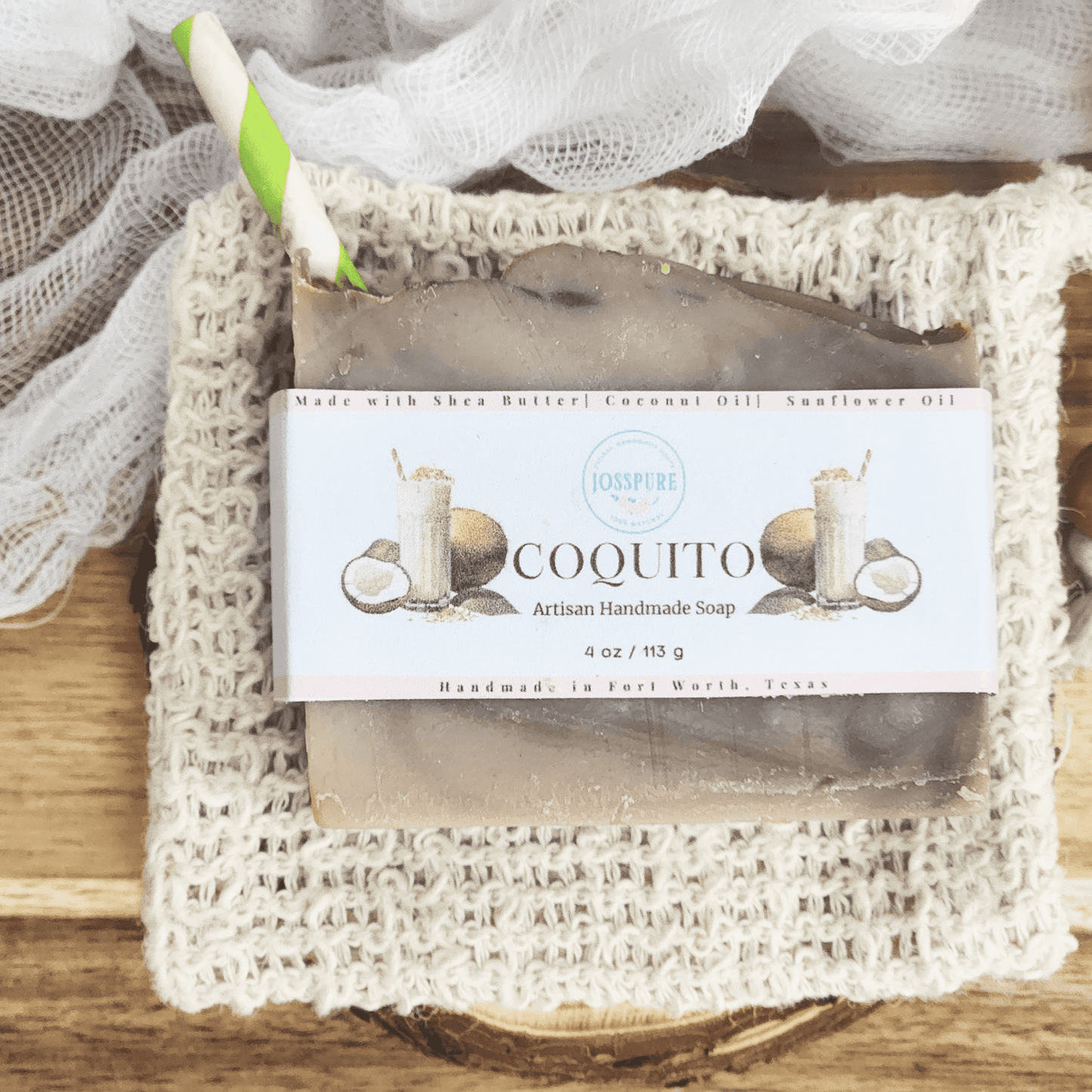 JOSSPURE Coquito Mild shea butter soap artisan handmade bar with natural ingredients on knitted cloth