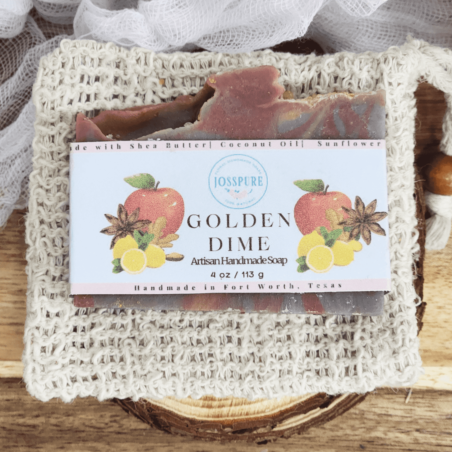 JOSSPURE fall mild shea butter soap Golden Dime artisan handmade bar with natural ingredients on a textured cloth