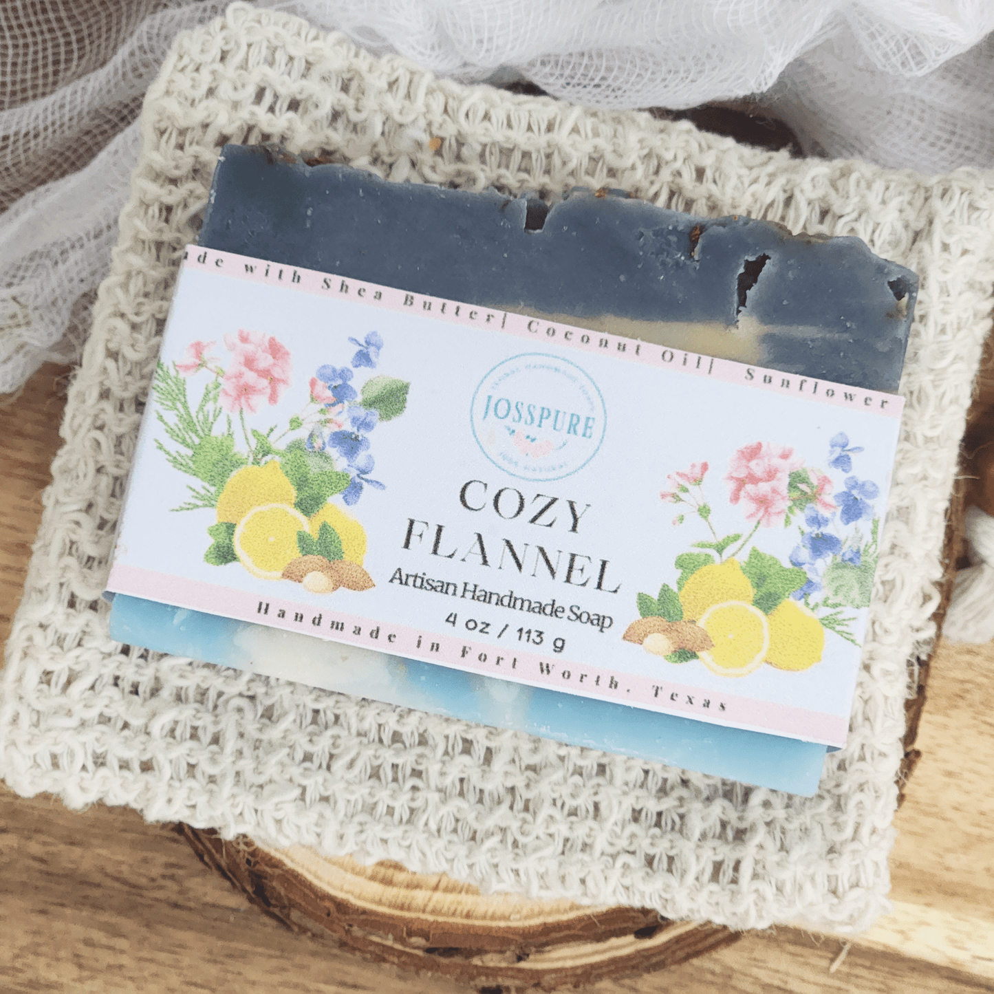 JOSSPURE flannel mild shea butter soap Cozy Flannel artisan handmade soap bar on knitted cloth
