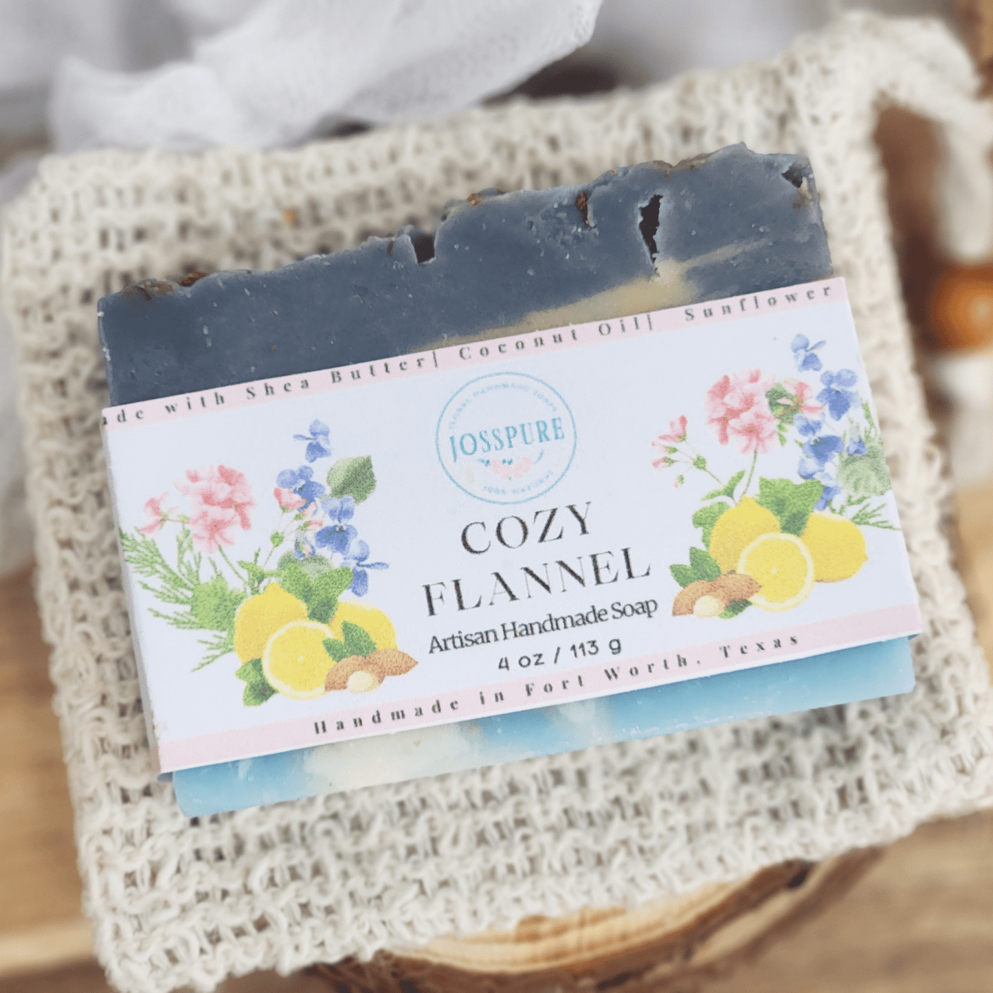 JOSSPURE flannel mild shea butter soap Cozy Flannel artisan handmade soap with natural flower and lemon design