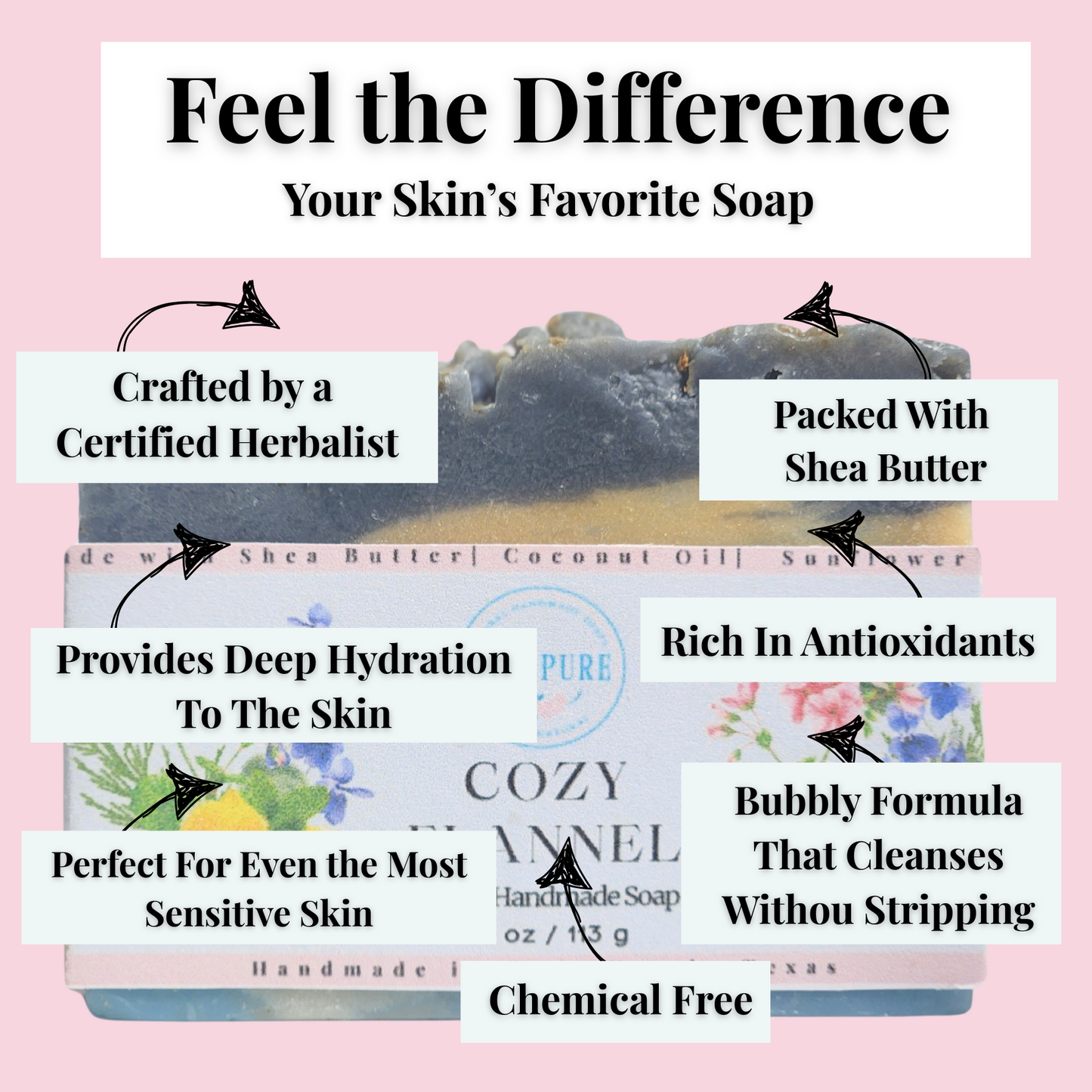 JOSSPURE flannel mild shea butter soap handcrafted with shea butter for deep hydration and sensitive skin