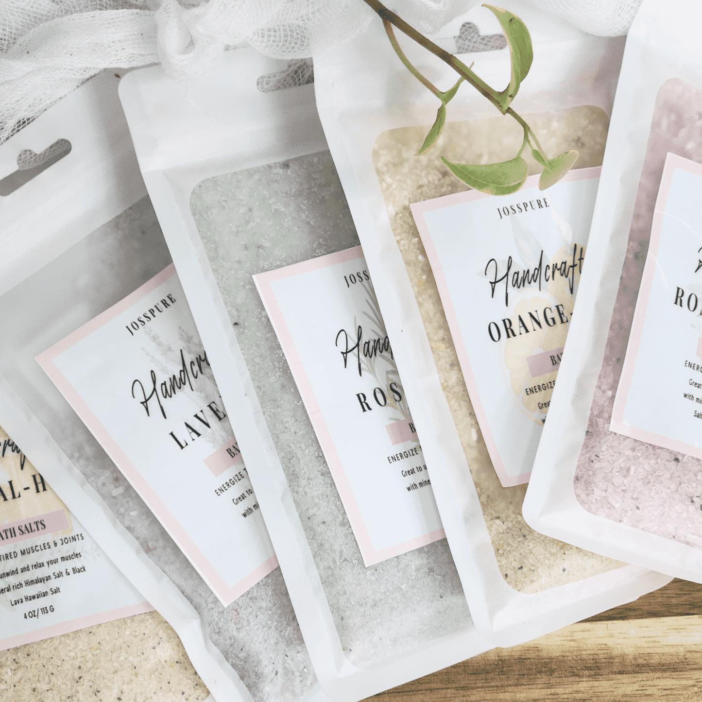 JOSSPURE handmade bath salt pouch variety with natural ingredients in resealable packaging