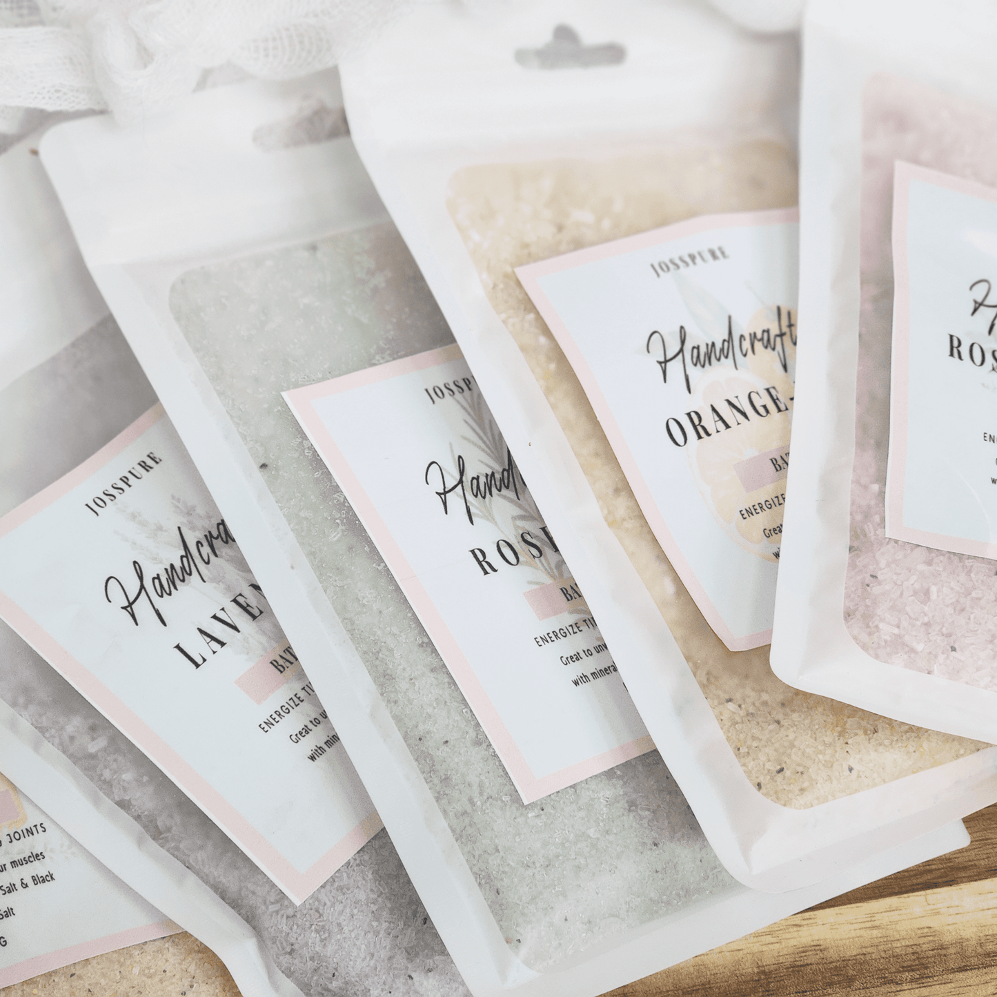 JOSSPURE handmade bath salt pouch collection with lavender, rose, and orange scents in resealable bags