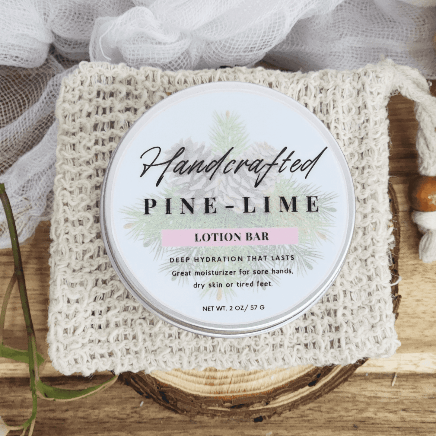 Handcrafted pine-lime lotion bar in a round tin on a woven bag for natural handmade lotion bars