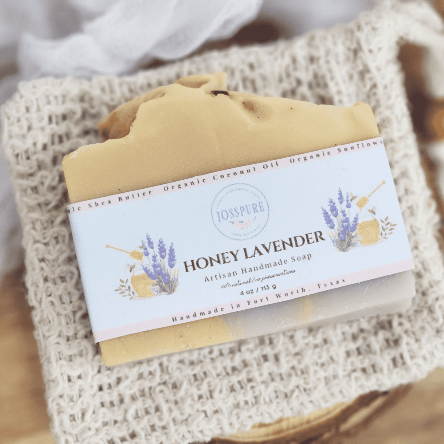 JOSSPURE honey lavender mild shea butter soap bar with natural ingredients wrapped in white label