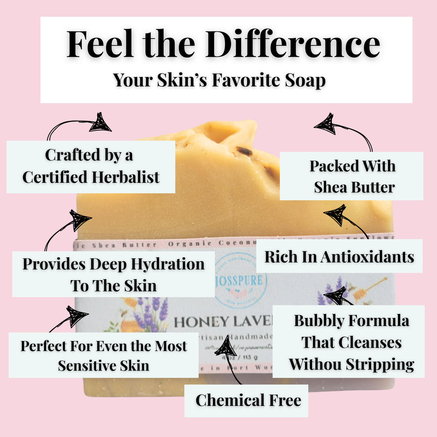 JOSSPURE honey lavender mild shea butter soap handcrafted by certified herbalist for sensitive skin