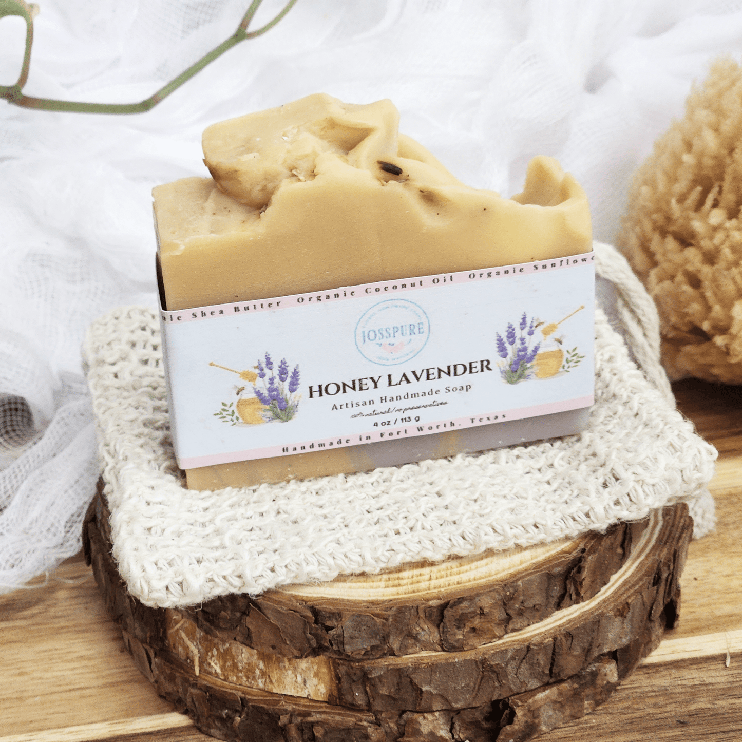 JOSSPURE honey lavender mild shea butter soap artisan handmade natural bar on knitted cloth
