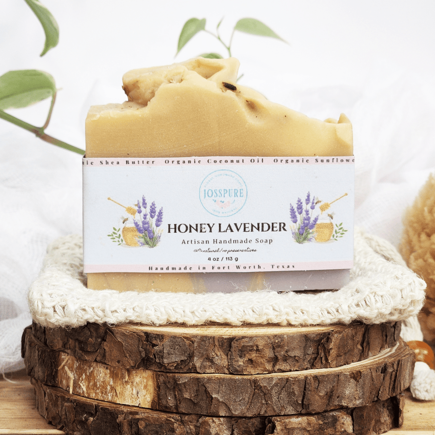 JOSSPURE honey lavender mild shea butter soap bar with natural ingredients on wooden display