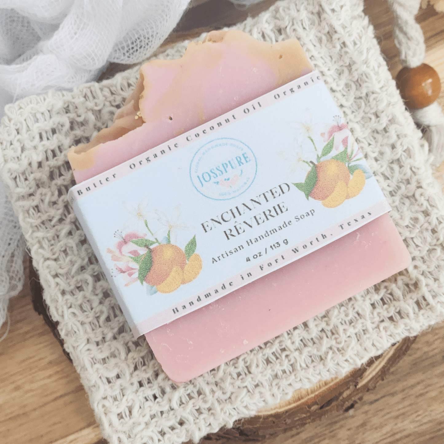 JOSSPURE jasmine gardenia mild shea butter soap bar with pink and beige tones on a knitted cloth