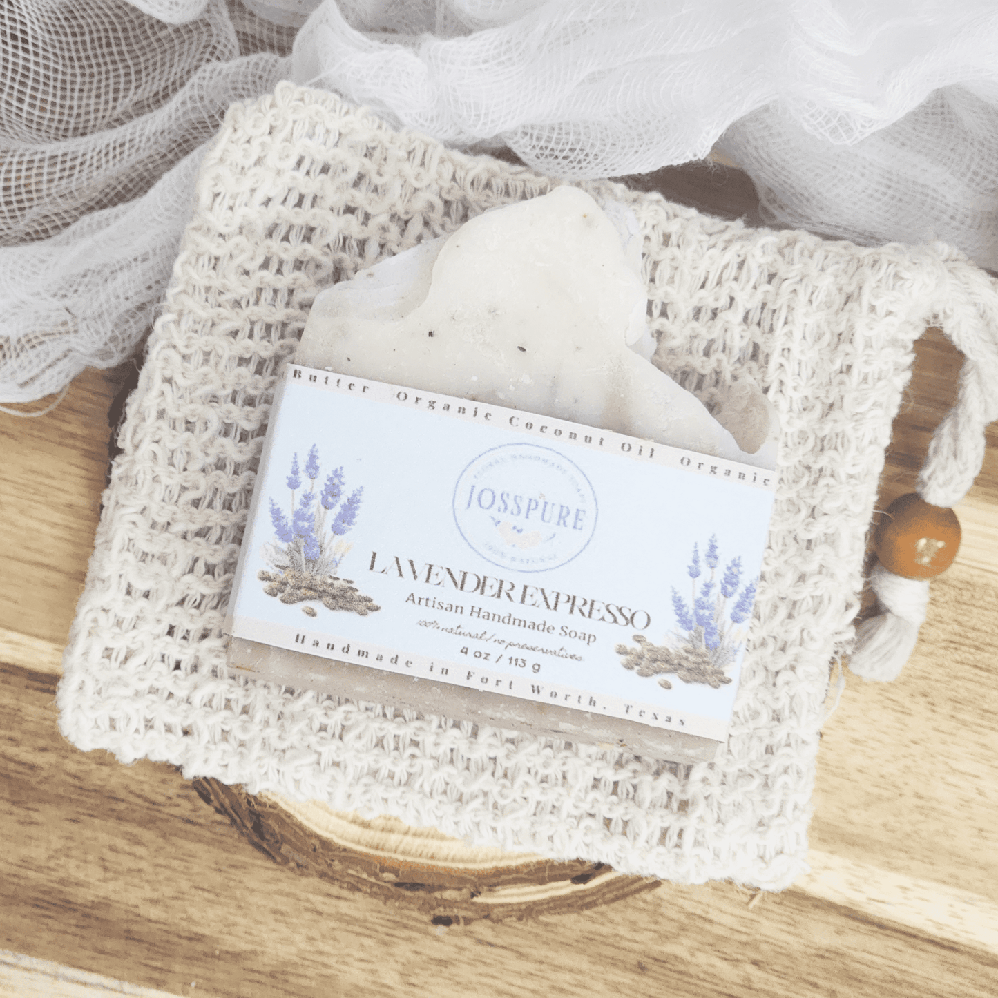 JOSSPURE lavender coffee mild shea butter soap bar with natural packaging on wooden surface