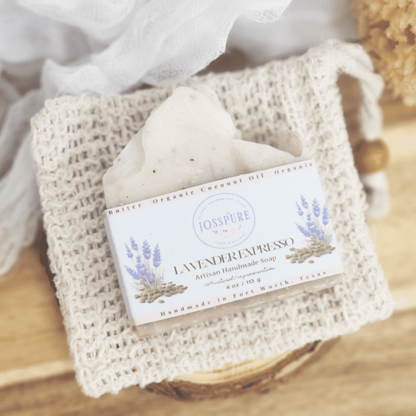 JOSSPURE lavender coffee mild shea butter soap handmade with organic ingredients on textured cloth