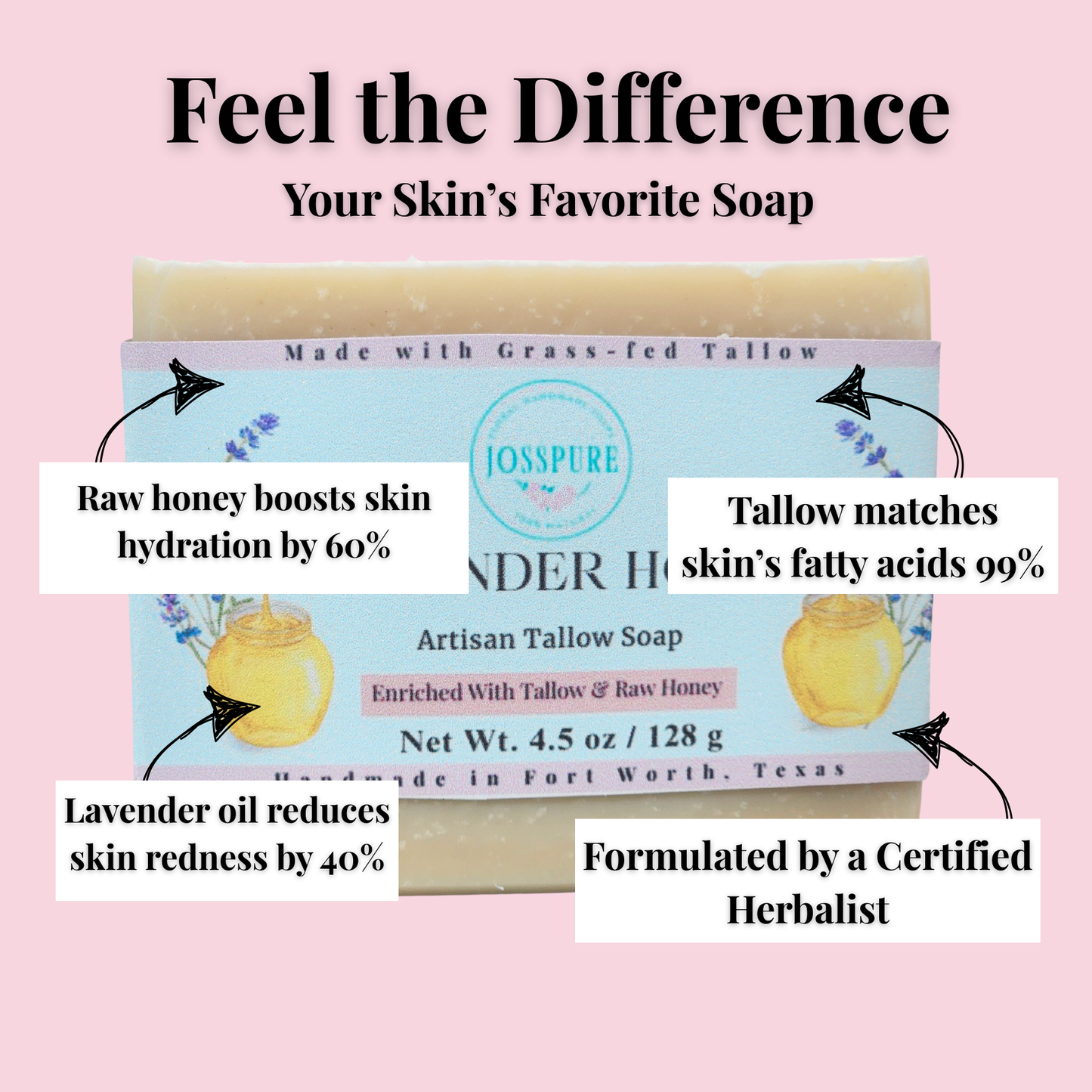 JOSSPURE Lavender Honey Tallow Soap featuring raw honey and lavender oil for skin hydration and redness reduction