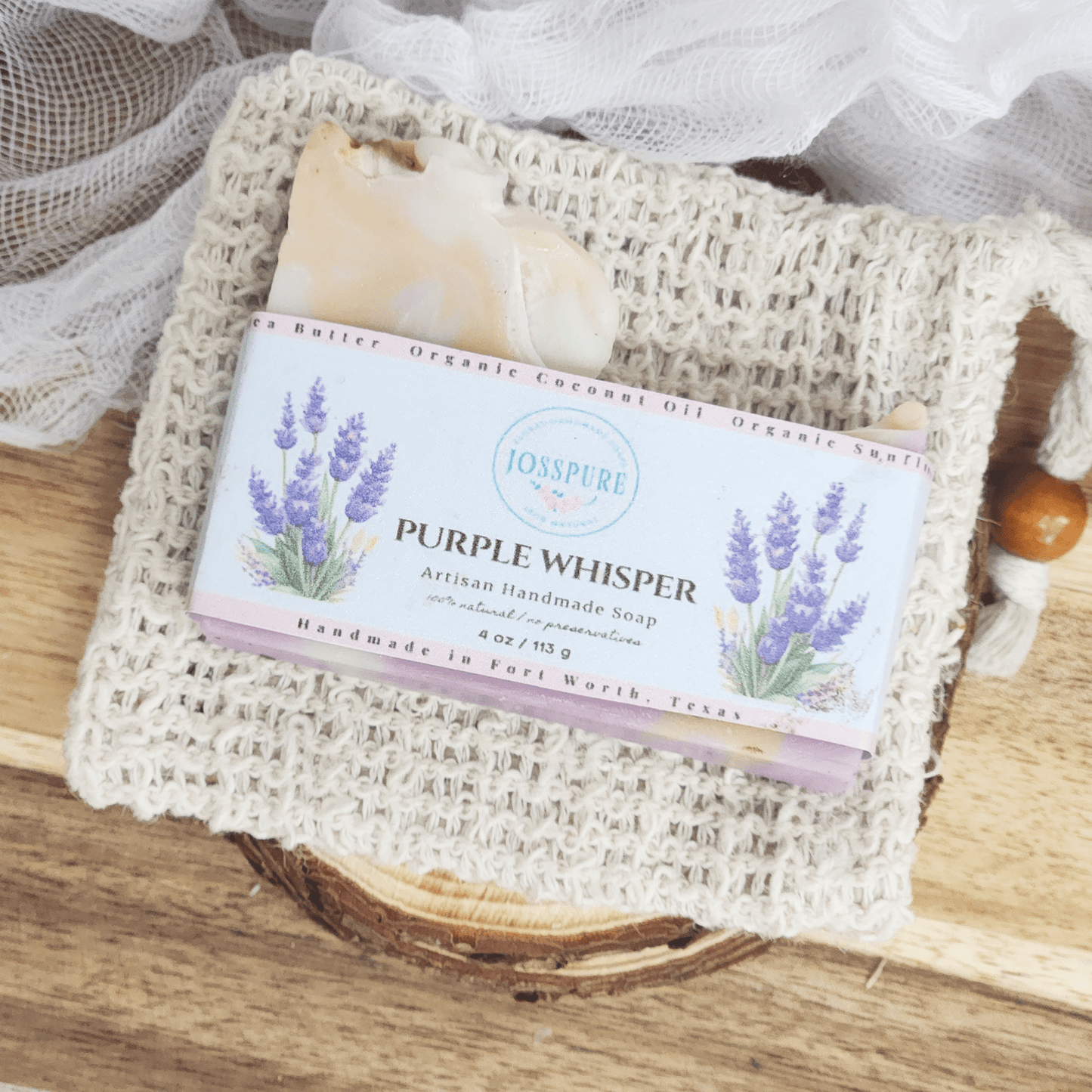 JOSSPURE Lavender Mild Shea Butter Soap Purple Whisper artisan handmade soap on a textured soap saver pouch